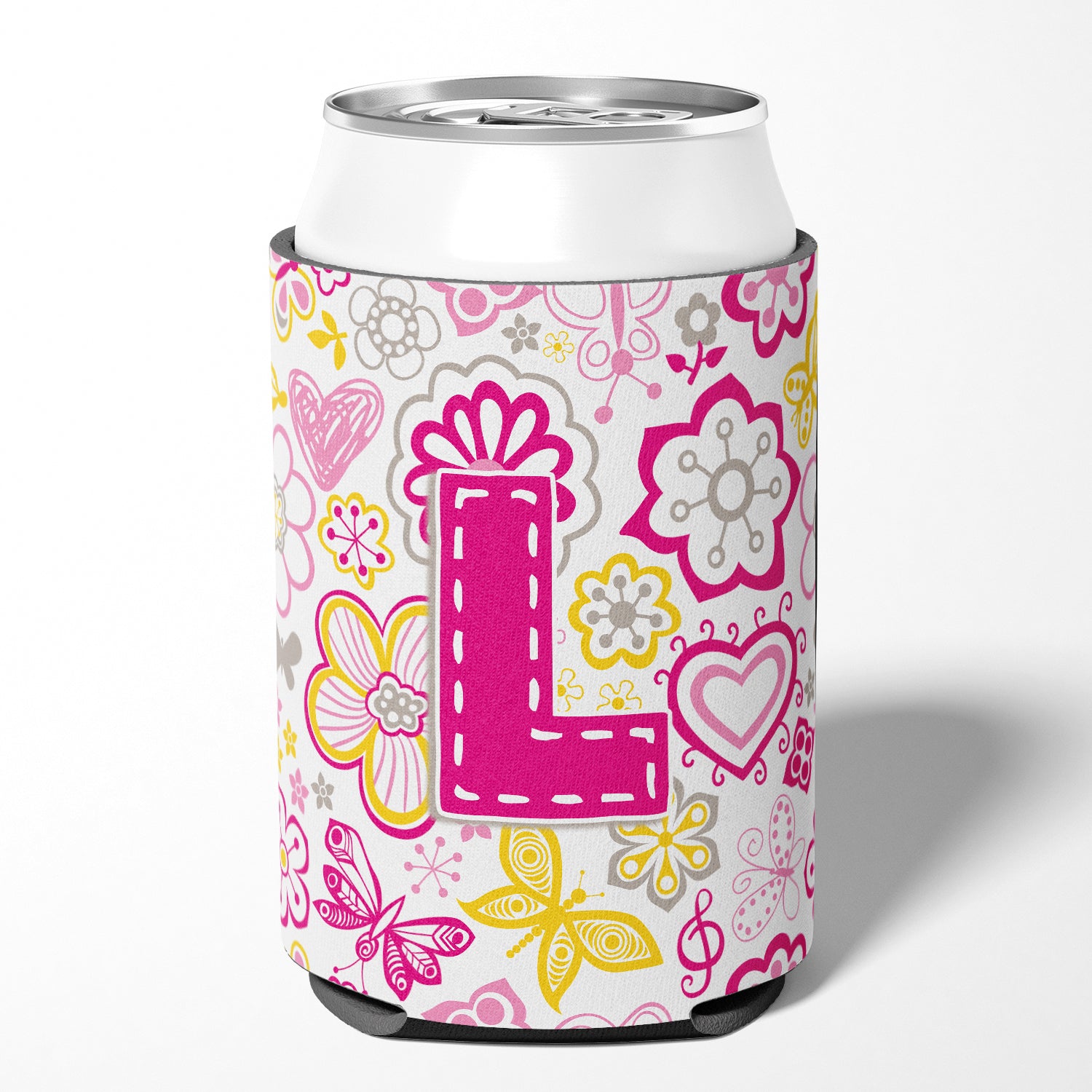 Letter L Flowers and Butterflies Pink Can or Bottle Hugger CJ2005-LCC.