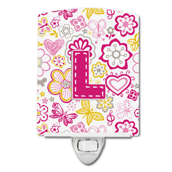 Letter L Flowers and Butterflies Pink Ceramic Night Light CJ2005-LCNL - the-store.com