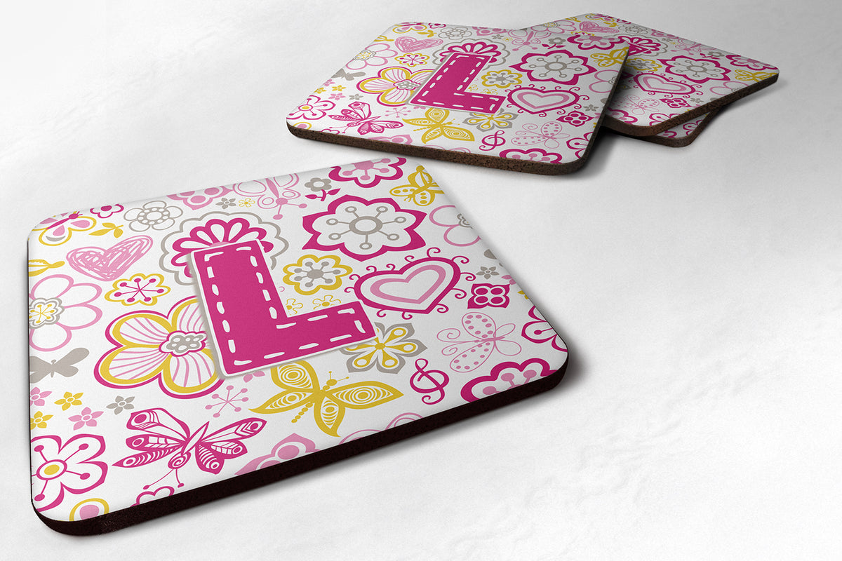 Set of 4 Letter L Flowers and Butterflies Pink Foam Coasters CJ2005-LFC - the-store.com