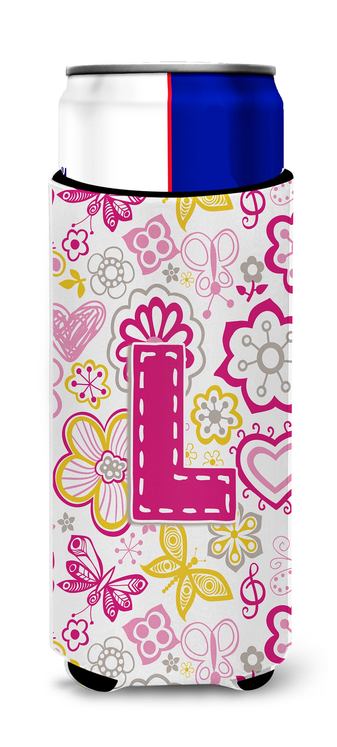 Letter L Flowers and Butterflies Pink Ultra Beverage Insulators for slim cans CJ2005-LMUK