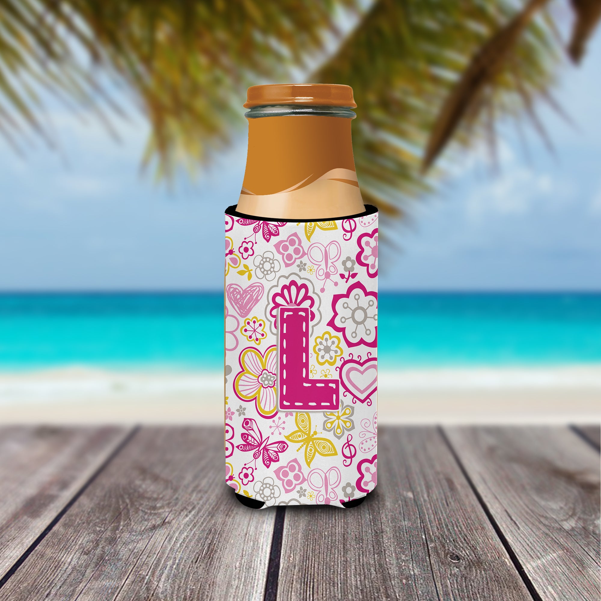 Letter L Flowers and Butterflies Pink Ultra Beverage Insulators for slim cans CJ2005-LMUK.