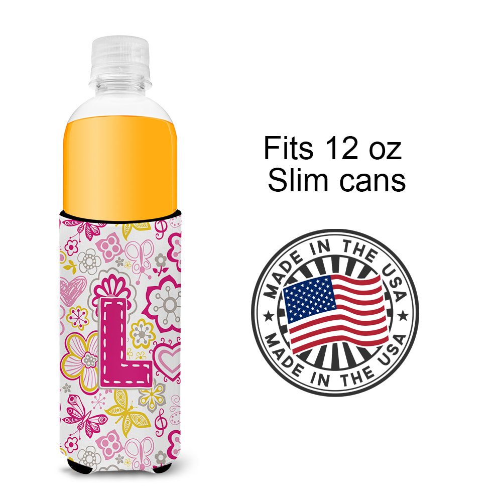 Letter L Flowers and Butterflies Pink Ultra Beverage Insulators for slim cans CJ2005-LMUK.