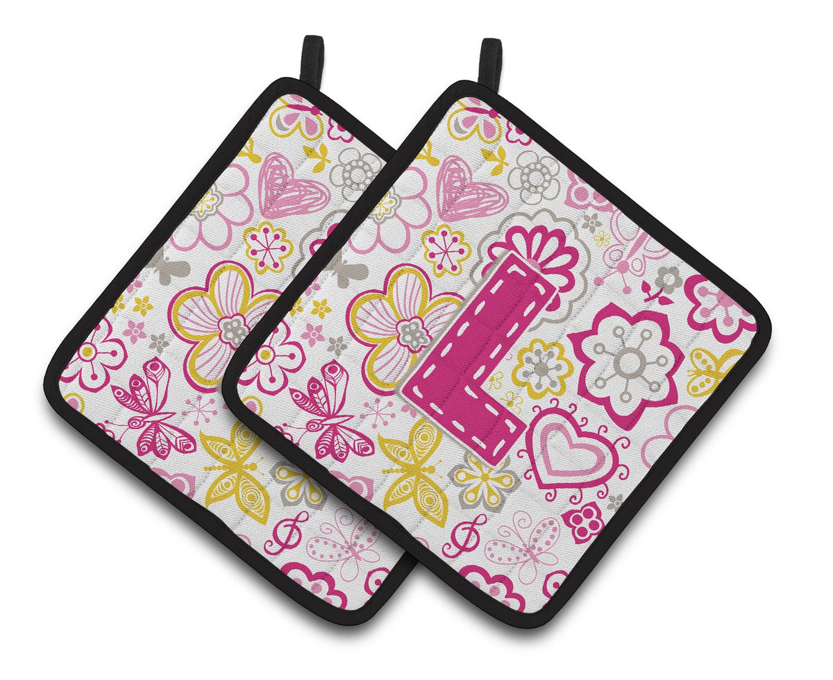 Letter L Flowers and Butterflies Pink Pair of Pot Holders by Caroline&#39;s Treasures