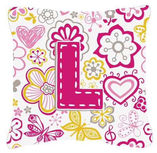 Letter L Flowers and Butterflies Pink Canvas Fabric Decorative Pillow by Caroline&#39;s Treasures