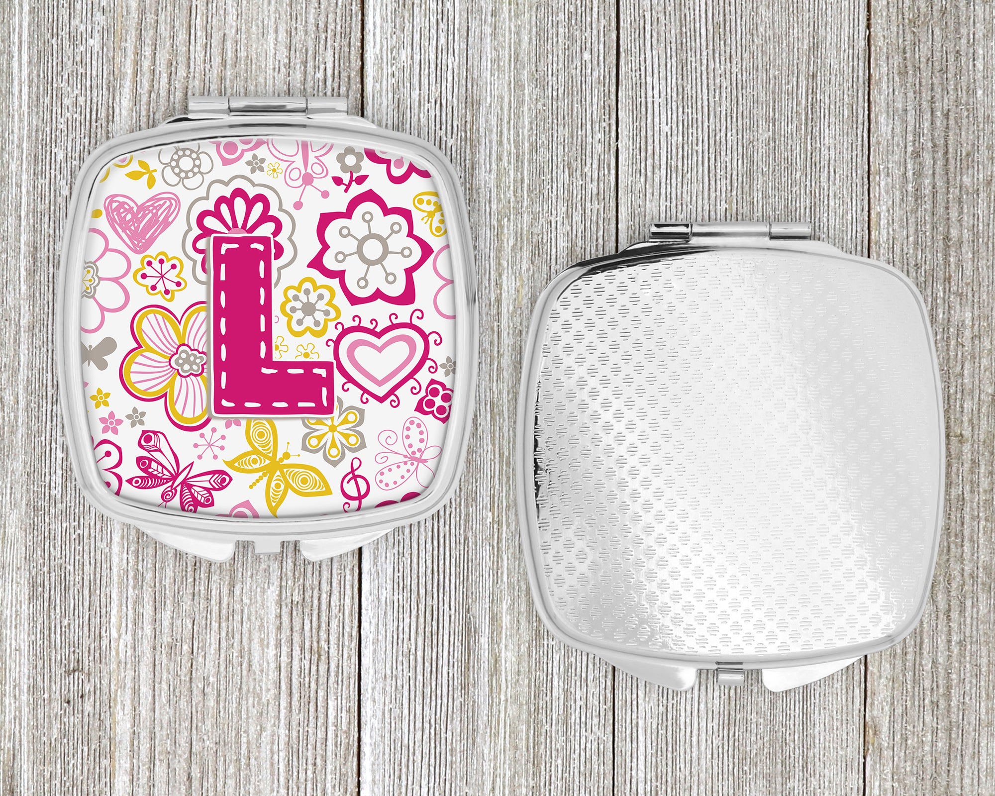Letter L Flowers and Butterflies Pink Compact Mirror CJ2005-LSCM  the-store.com.