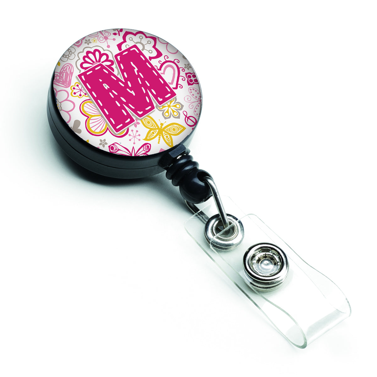 Letter M Flowers and Butterflies Pink Retractable Badge Reel CJ2005-MBR  the-store.com.