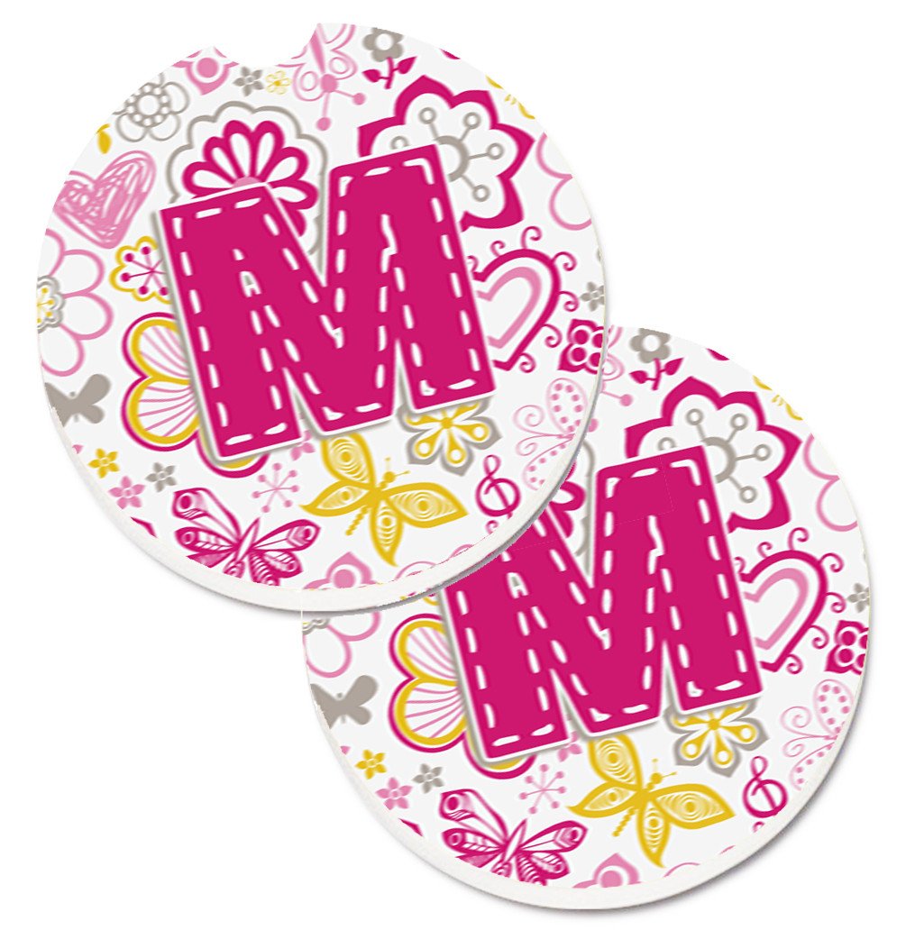 Letter M Flowers and Butterflies Pink Set of 2 Cup Holder Car Coasters CJ2005-MCARC by Caroline&#39;s Treasures