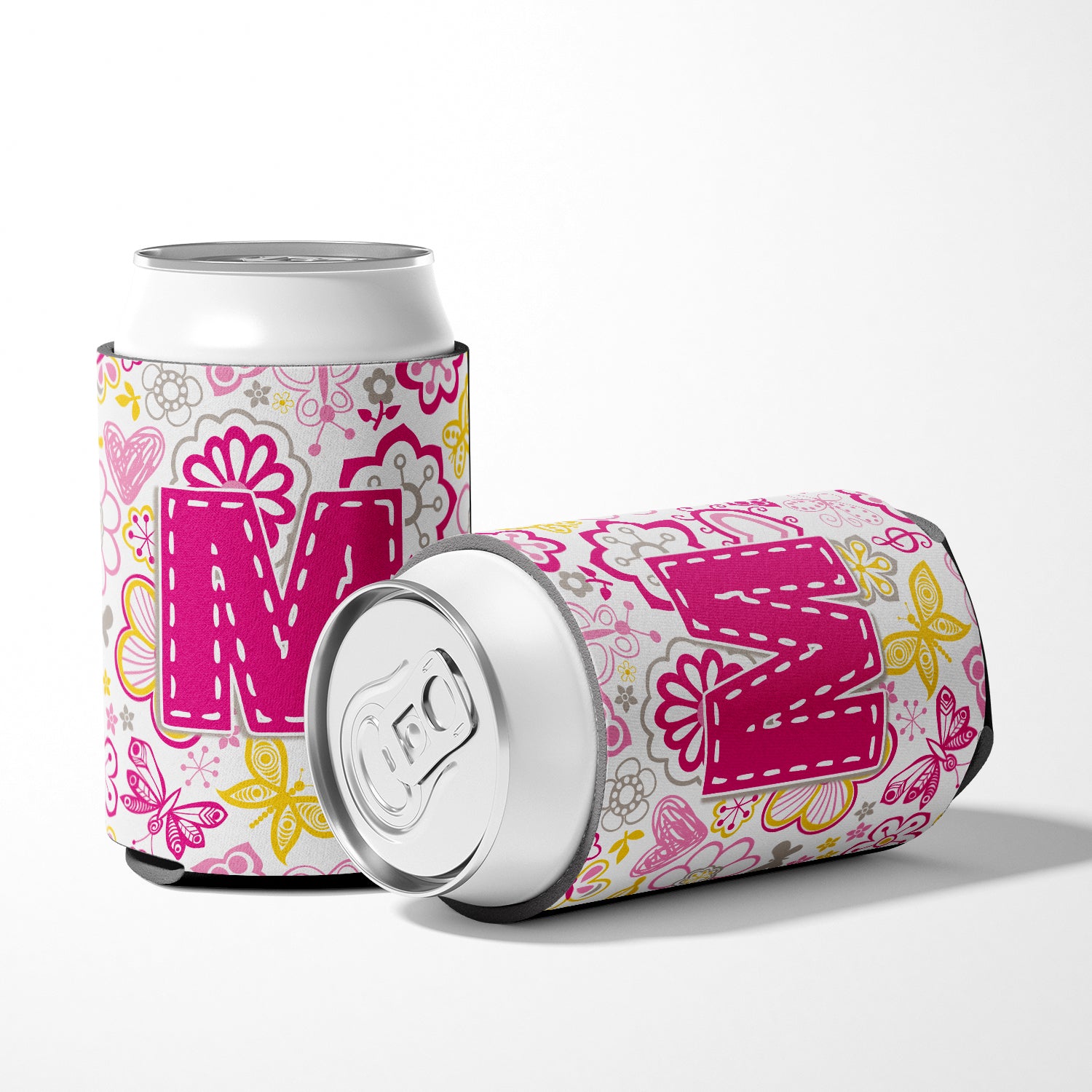 Letter M Flowers and Butterflies Pink Can or Bottle Hugger CJ2005-MCC.