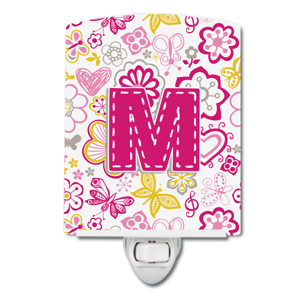 Letter M Flowers and Butterflies Pink Ceramic Night Light CJ2005-MCNL - the-store.com