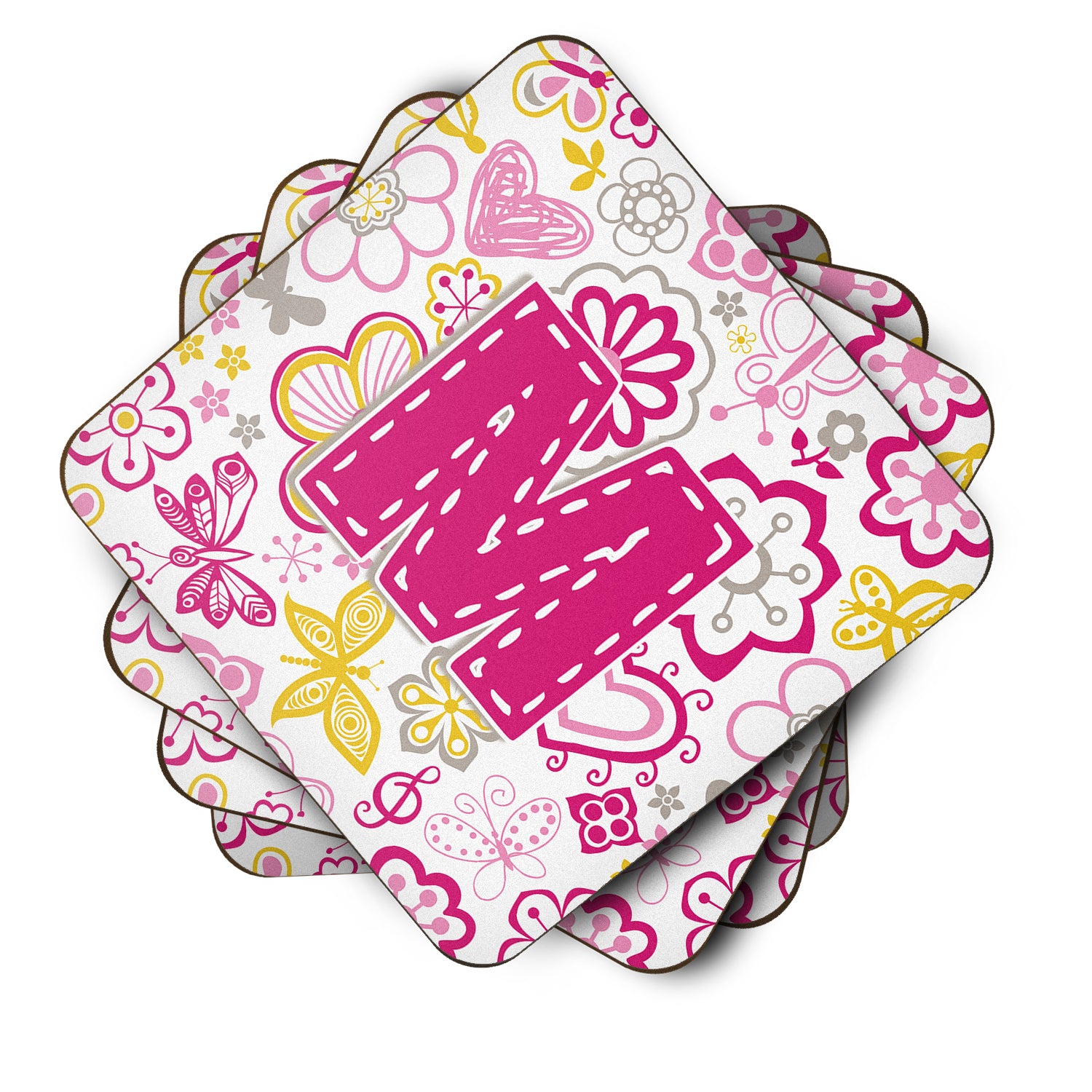 Set of 4 Letter M Flowers and Butterflies Pink Foam Coasters CJ2005-MFC - the-store.com