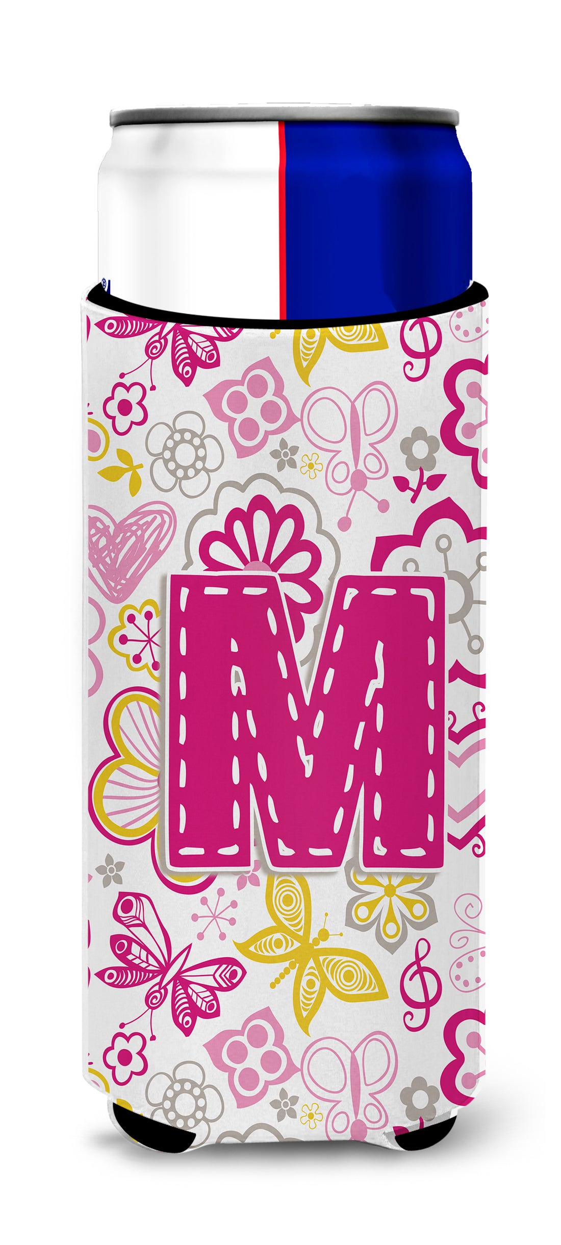 Letter M Flowers and Butterflies Pink Ultra Beverage Insulators for slim cans CJ2005-MMUK.