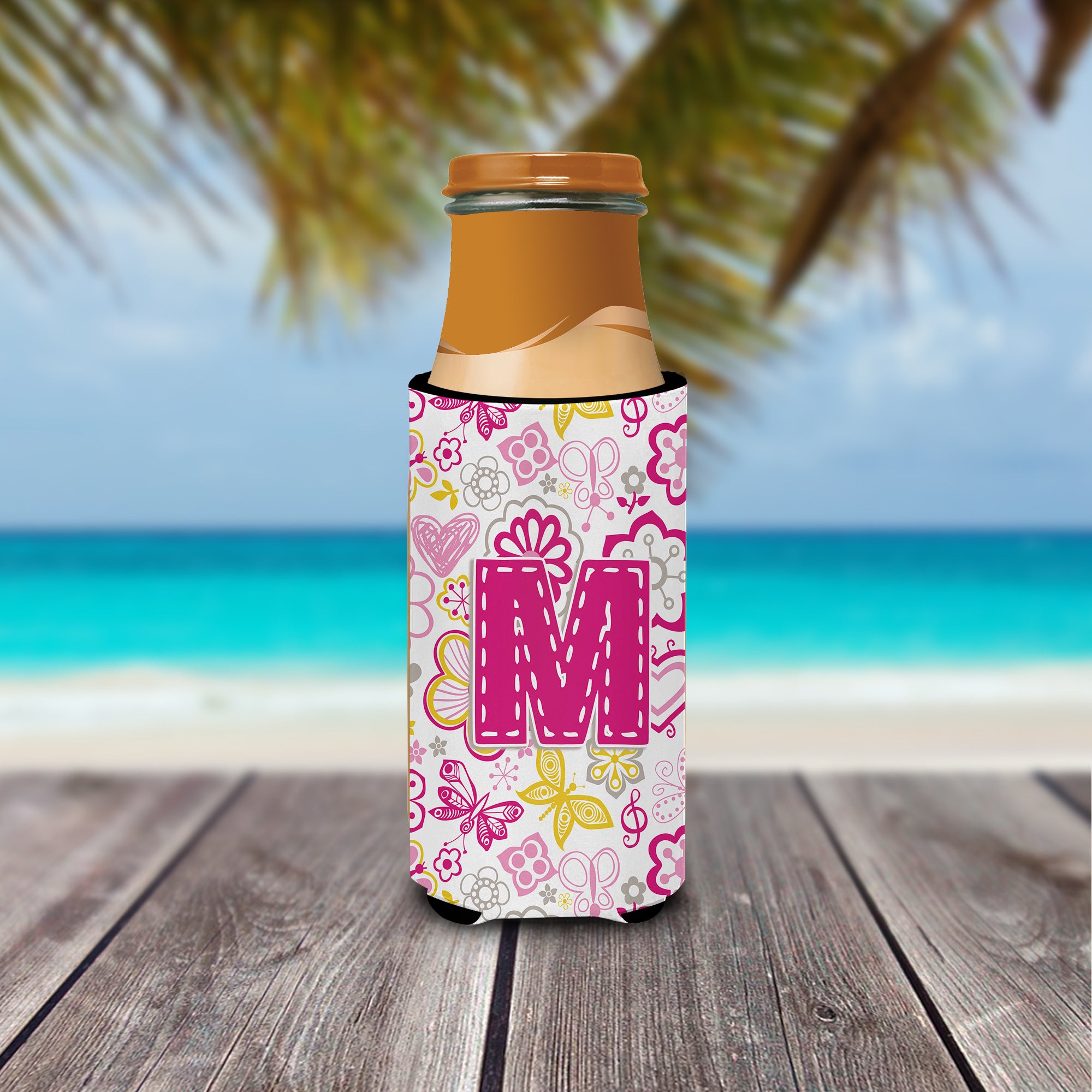 Letter M Flowers and Butterflies Pink Ultra Beverage Insulators for slim cans CJ2005-MMUK.