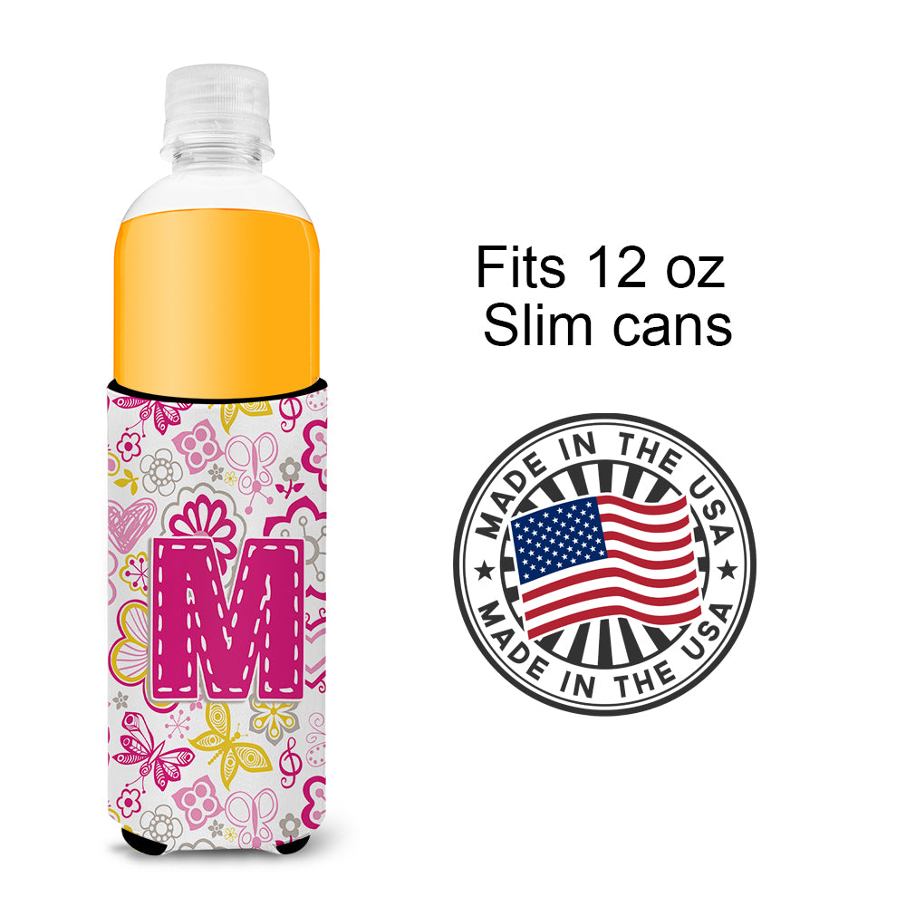 Letter M Flowers and Butterflies Pink Ultra Beverage Insulators for slim cans CJ2005-MMUK