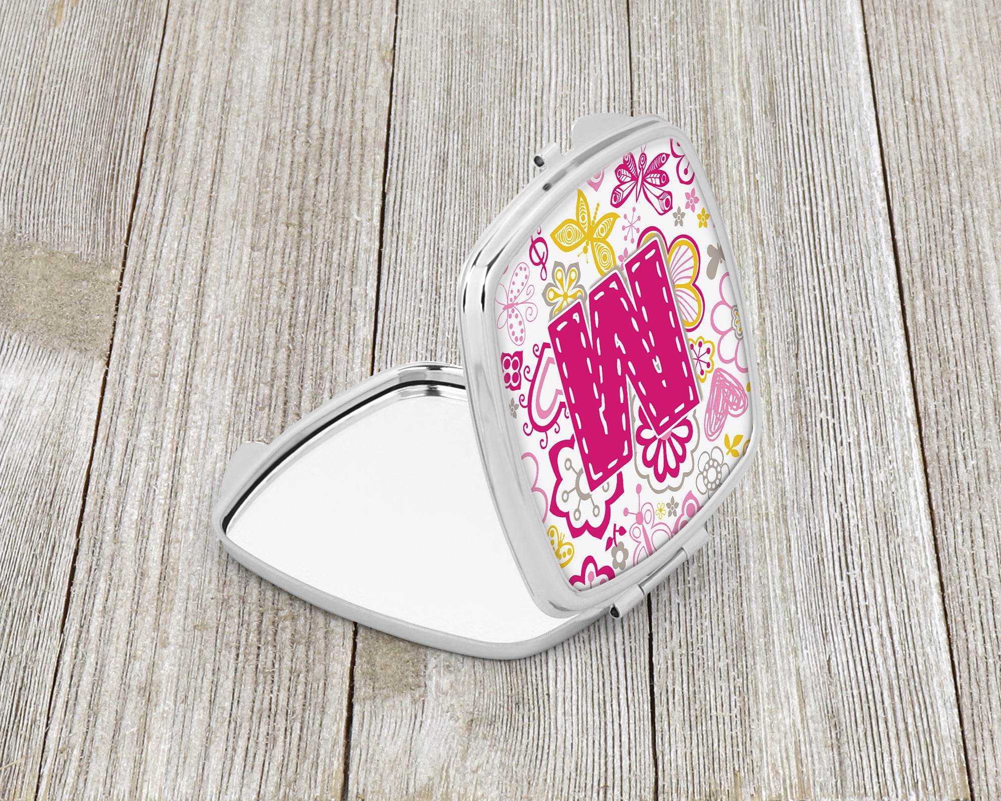 Caroline's Treasures Letter M Flowers and Butterflies Pink Compact Mirror – Stylish Purse Mirror with Artistic Covers CJ2005-MSCM