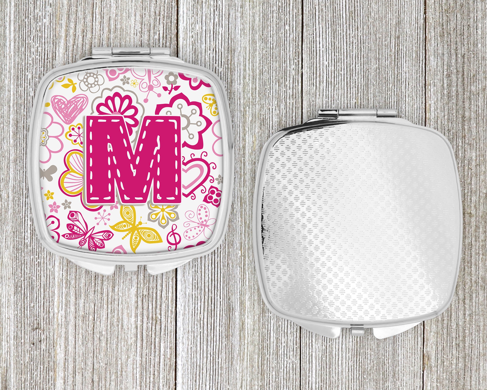 Letter M Flowers and Butterflies Pink Compact Mirror CJ2005-MSCM