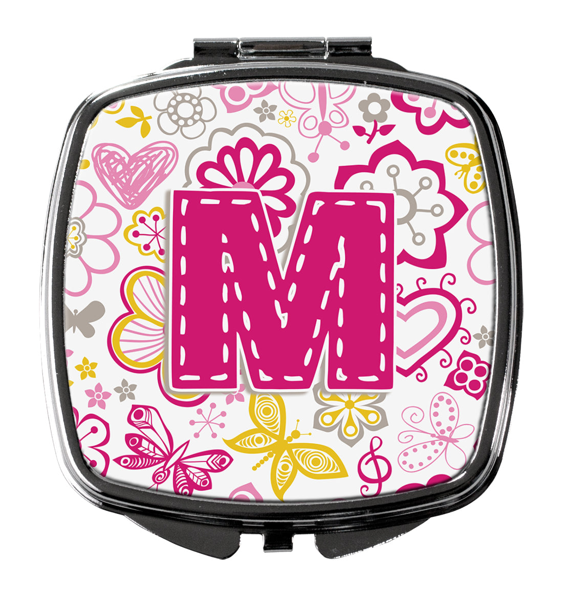 Letter M Flowers and Butterflies Pink Compact Mirror CJ2005-MSCM  the-store.com.