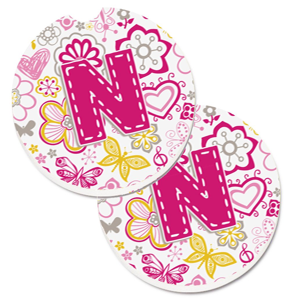 Letter N Flowers and Butterflies Pink Set of 2 Cup Holder Car Coasters CJ2005-NCARC by Caroline&#39;s Treasures