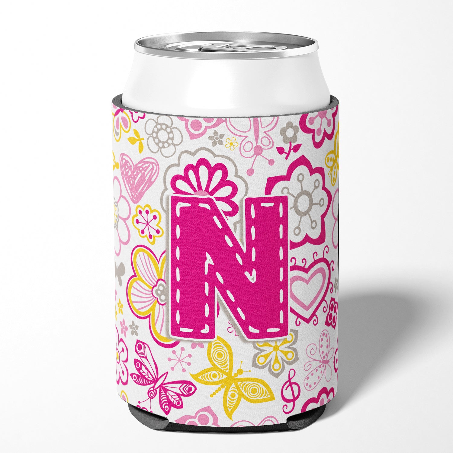 Letter N Flowers and Butterflies Pink Can or Bottle Hugger CJ2005-NCC.