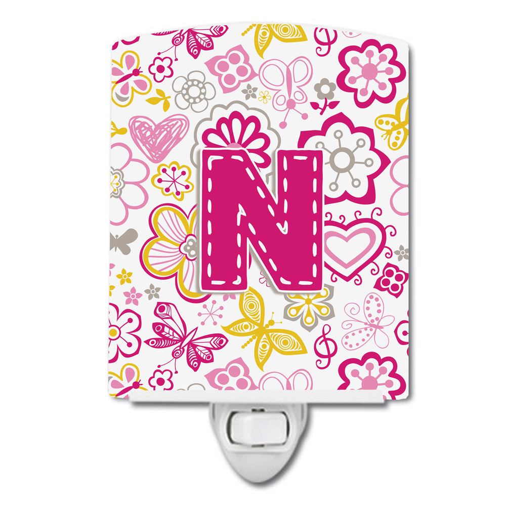 Letter N Flowers and Butterflies Pink Ceramic Night Light CJ2005-NCNL - the-store.com