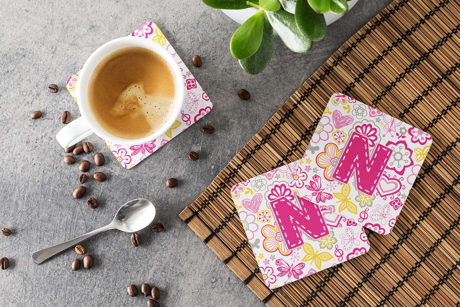 Set of 4 Letter N Flowers and Butterflies Pink Foam Coasters CJ2005-NFC - the-store.com