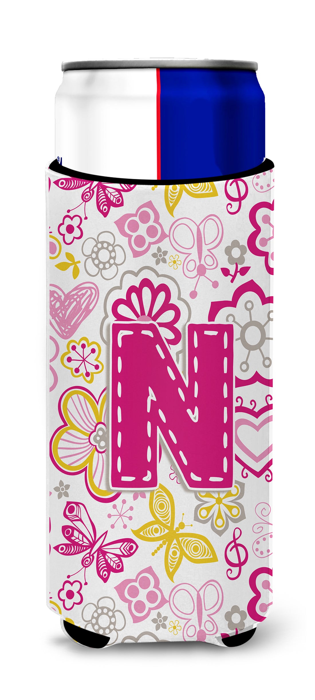 Letter N Flowers and Butterflies Pink Ultra Beverage Insulators for slim cans CJ2005-NMUK