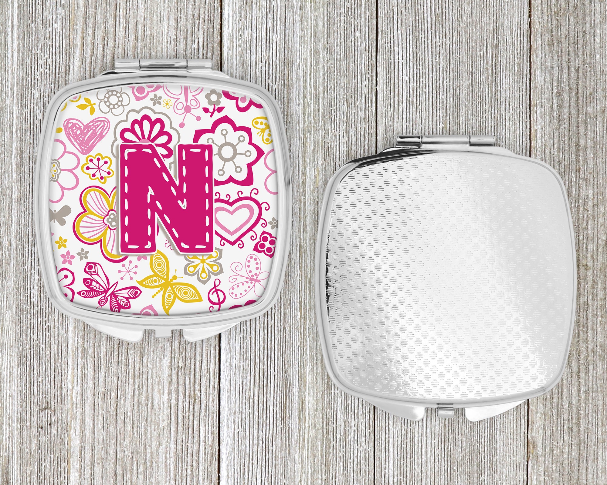 Letter N Flowers and Butterflies Pink Compact Mirror CJ2005-NSCM  the-store.com.