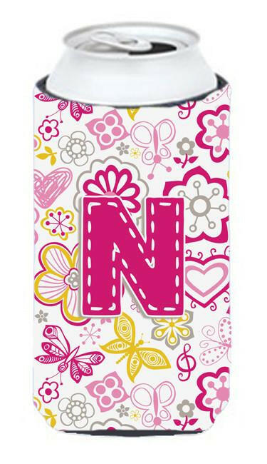 Letter N Flowers and Butterflies Pink Tall Boy Beverage Insulator Hugger CJ2005-NTBC by Caroline&#39;s Treasures