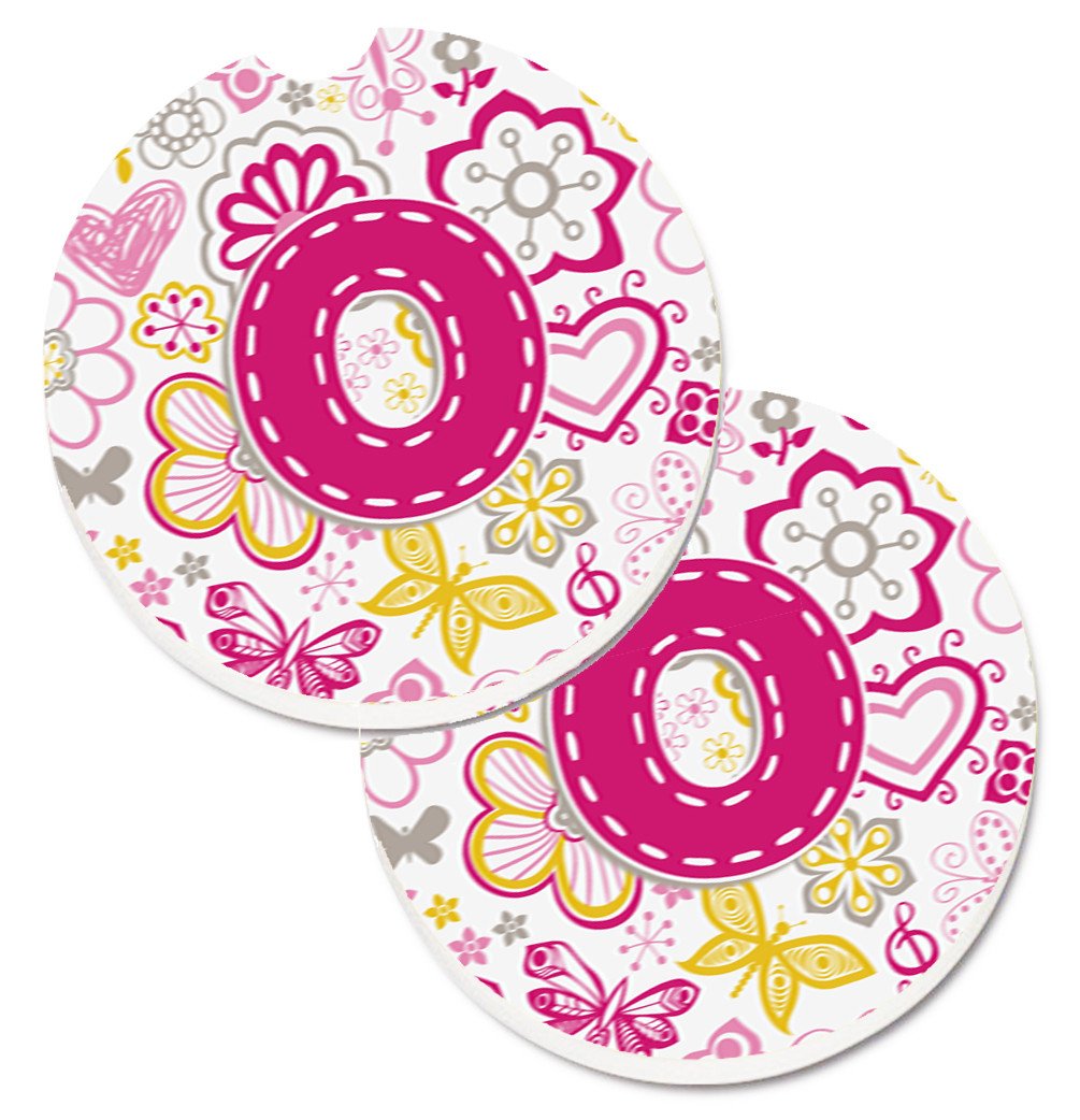Letter O Flowers and Butterflies Pink Set of 2 Cup Holder Car Coasters CJ2005-OCARC by Caroline&#39;s Treasures