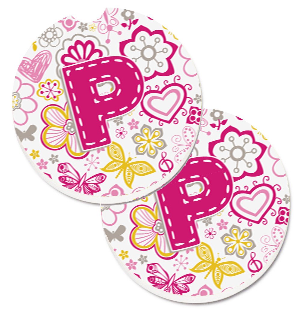 Letter P Flowers and Butterflies Pink Set of 2 Cup Holder Car Coasters CJ2005-PCARC by Caroline&#39;s Treasures