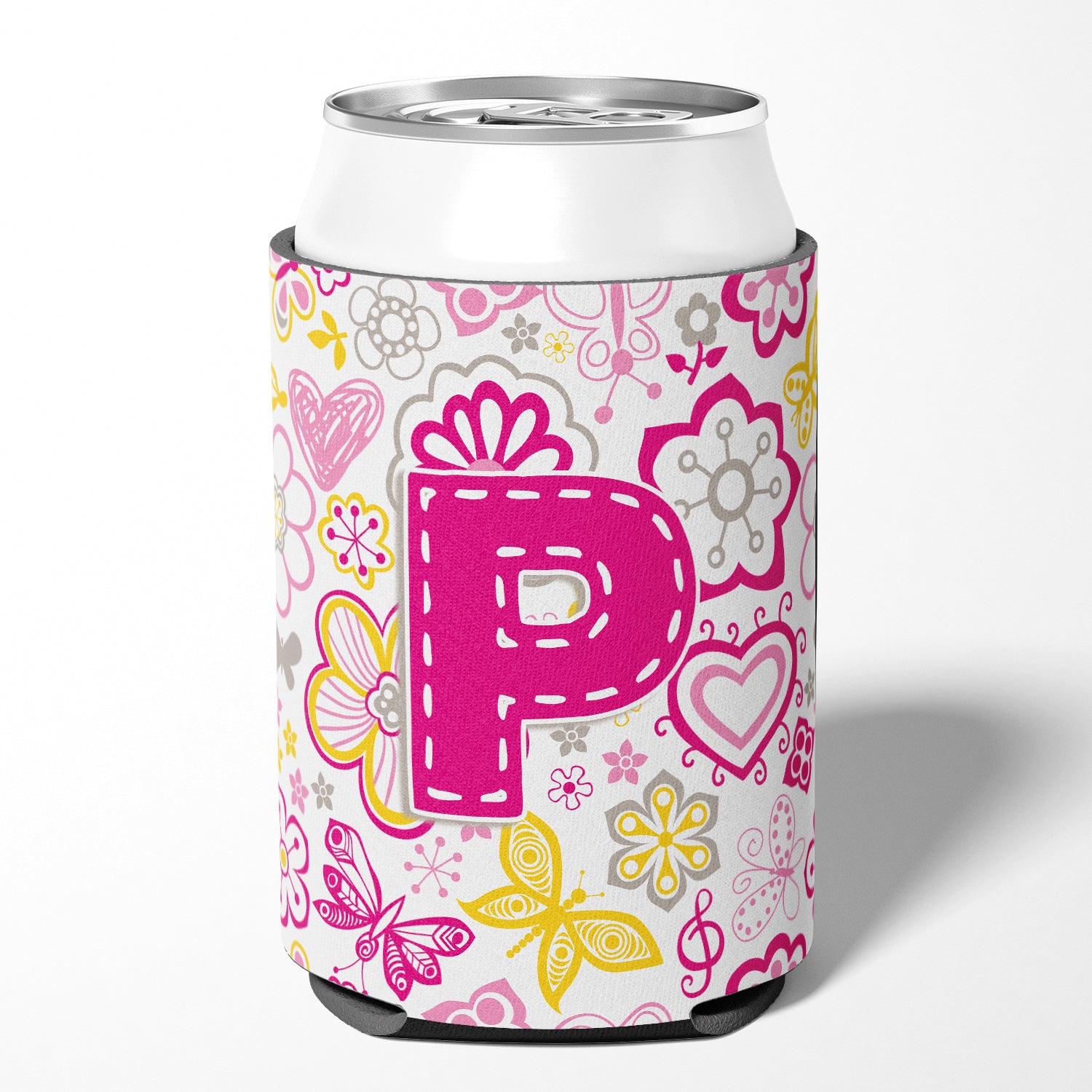 Letter P Flowers and Butterflies Pink Can or Bottle Hugger CJ2005-PCC
