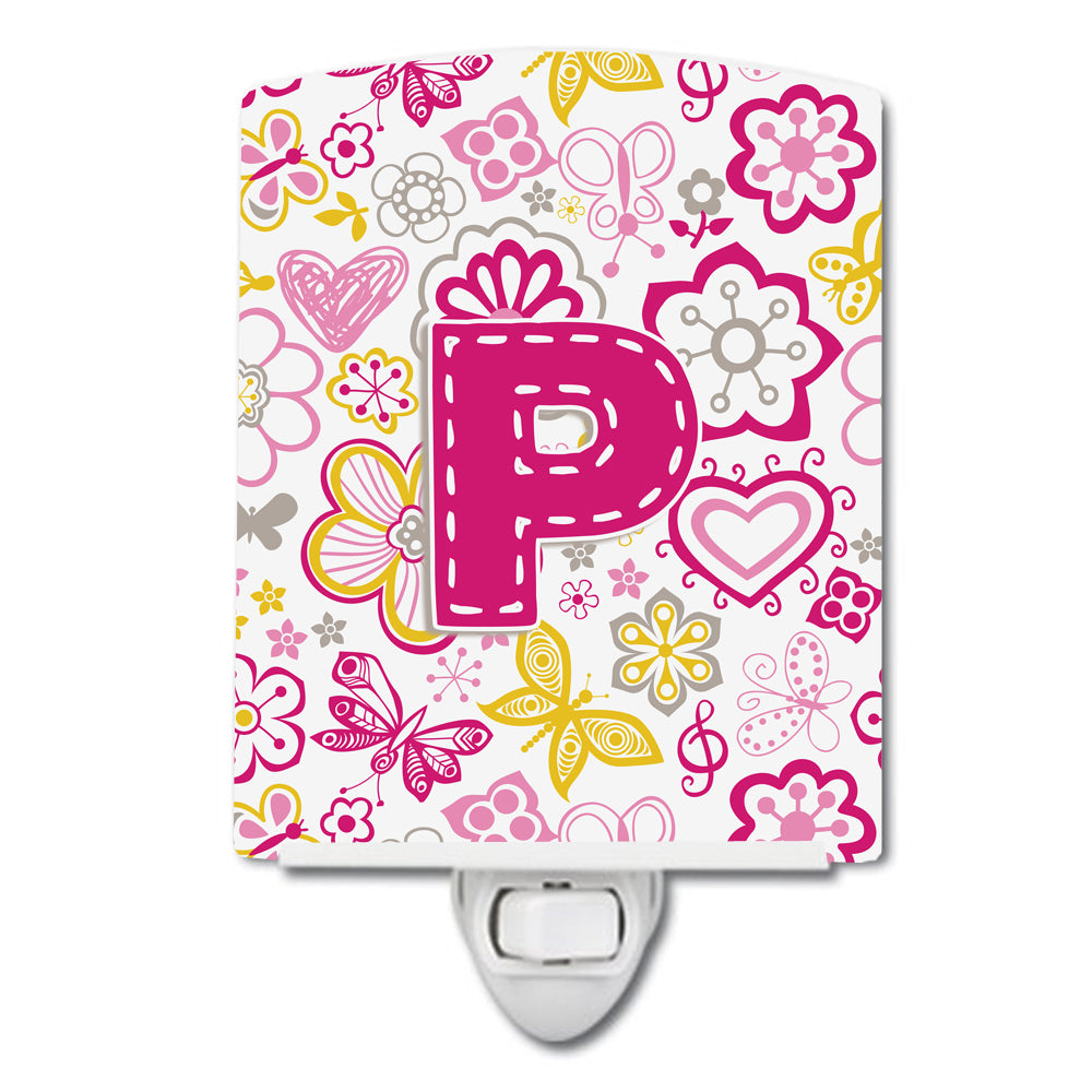 Letter P Flowers and Butterflies Pink Ceramic Night Light CJ2005-PCNL - the-store.com