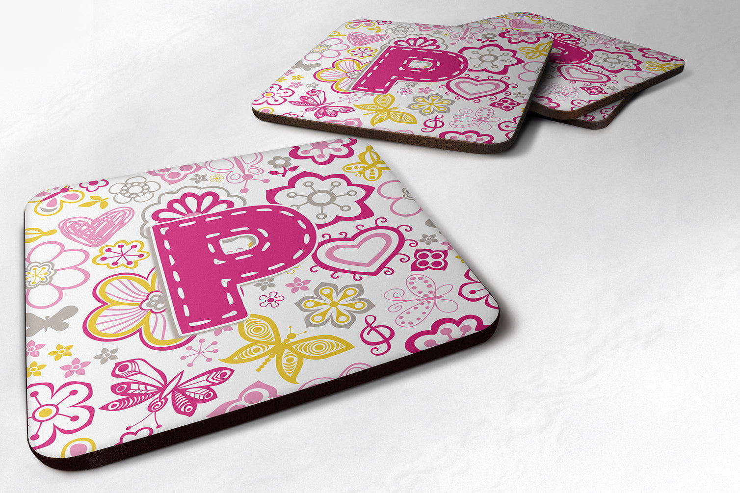 Set of 4 Letter P Flowers and Butterflies Pink Foam Coasters CJ2005-PFC - the-store.com