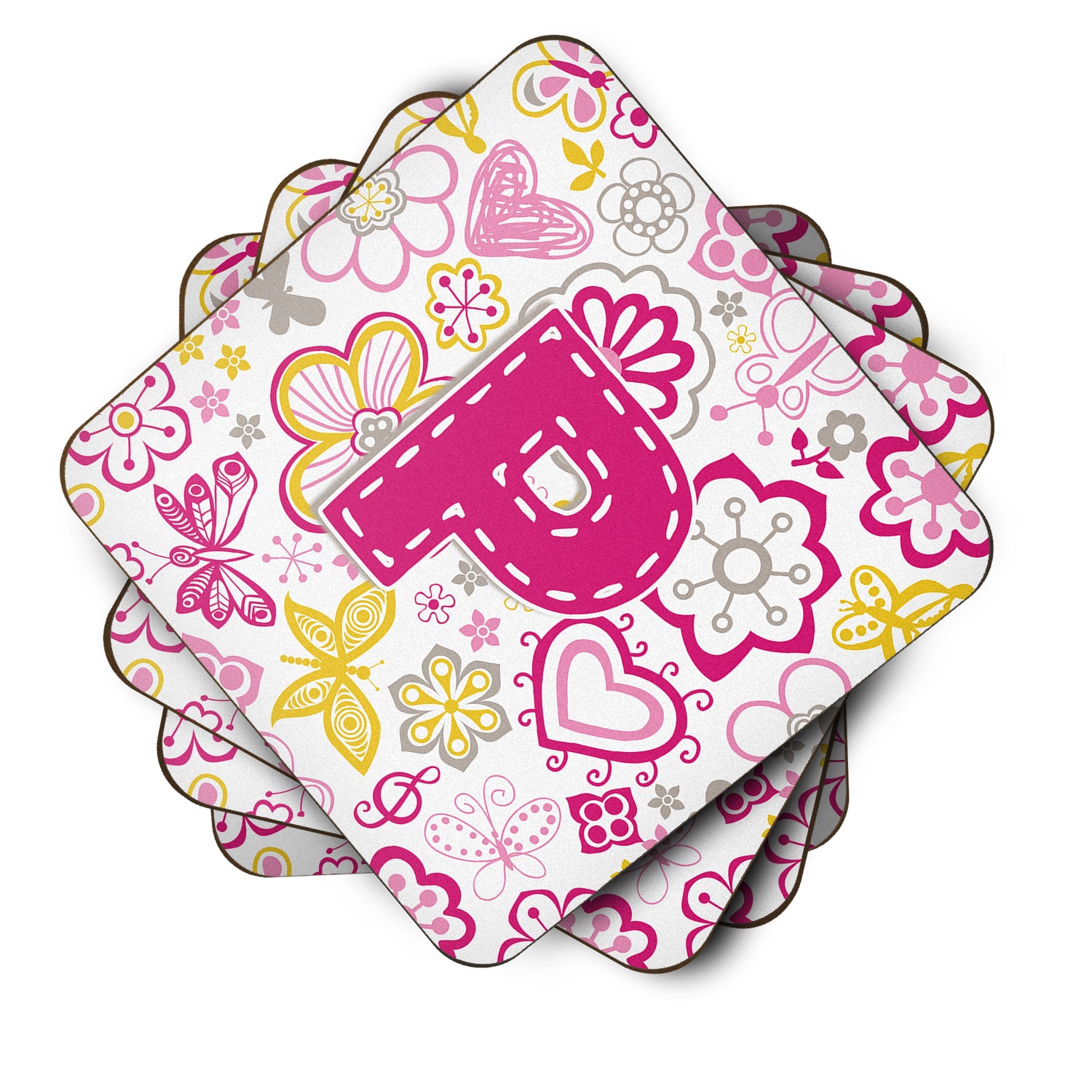Set of 4 Letter P Flowers and Butterflies Pink Foam Coasters CJ2005-PFC - the-store.com