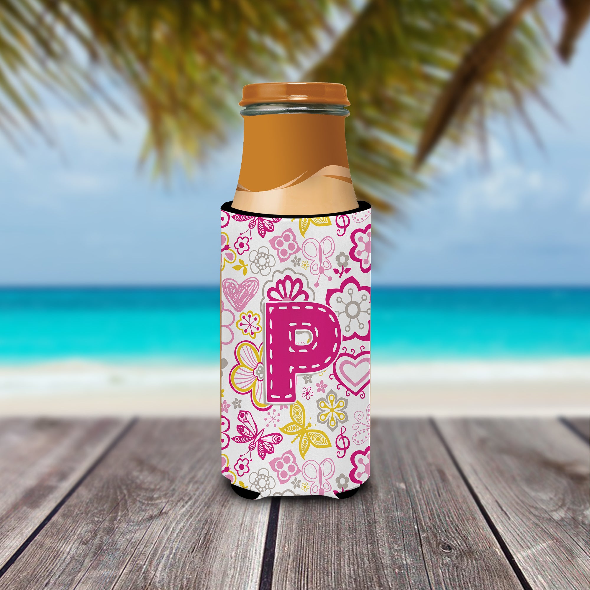 Letter P Flowers and Butterflies Pink Ultra Beverage Insulators for slim cans CJ2005-PMUK.
