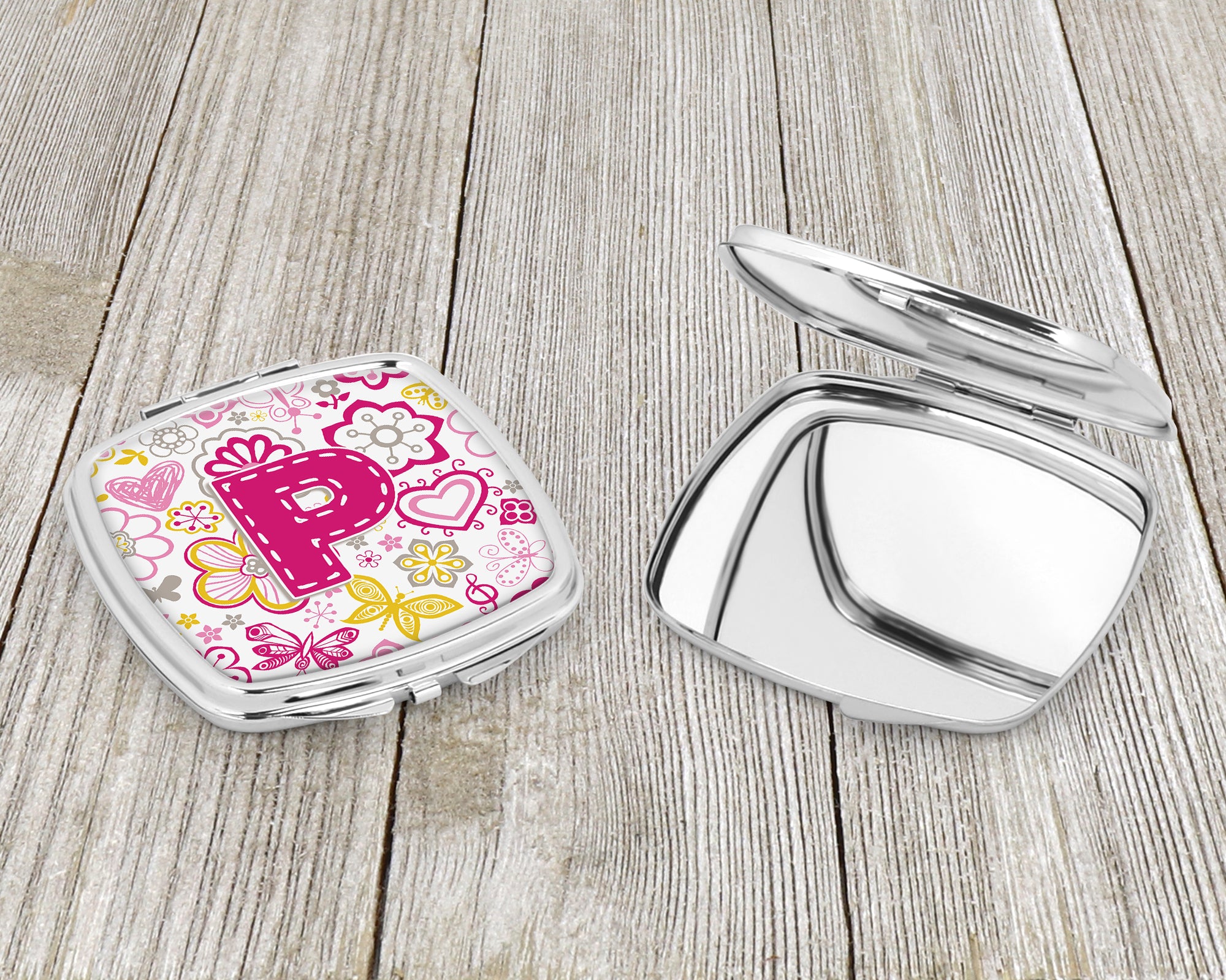 Letter P Flowers and Butterflies Pink Compact Mirror CJ2005-PSCM