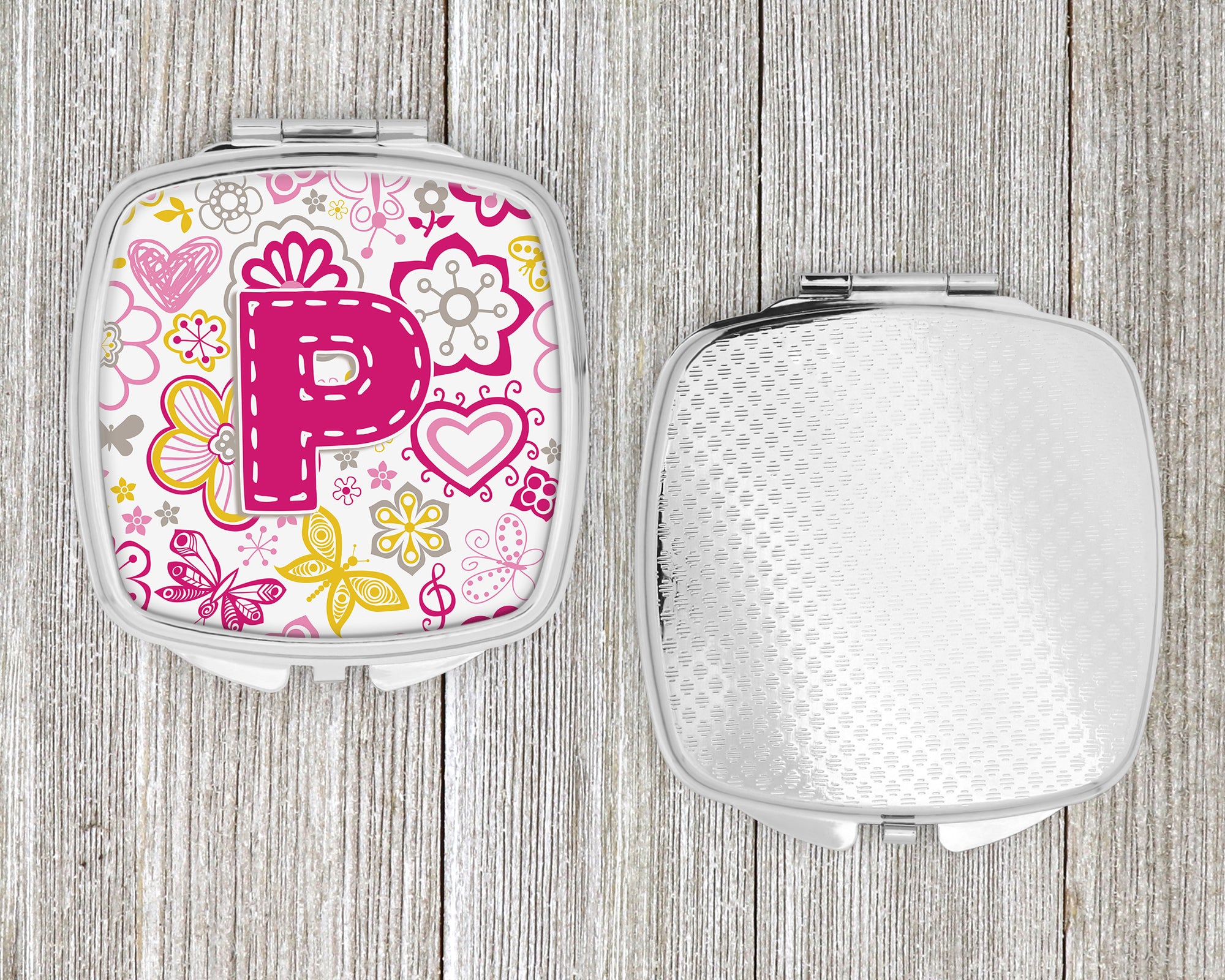 Letter P Flowers and Butterflies Pink Compact Mirror CJ2005-PSCM  the-store.com.
