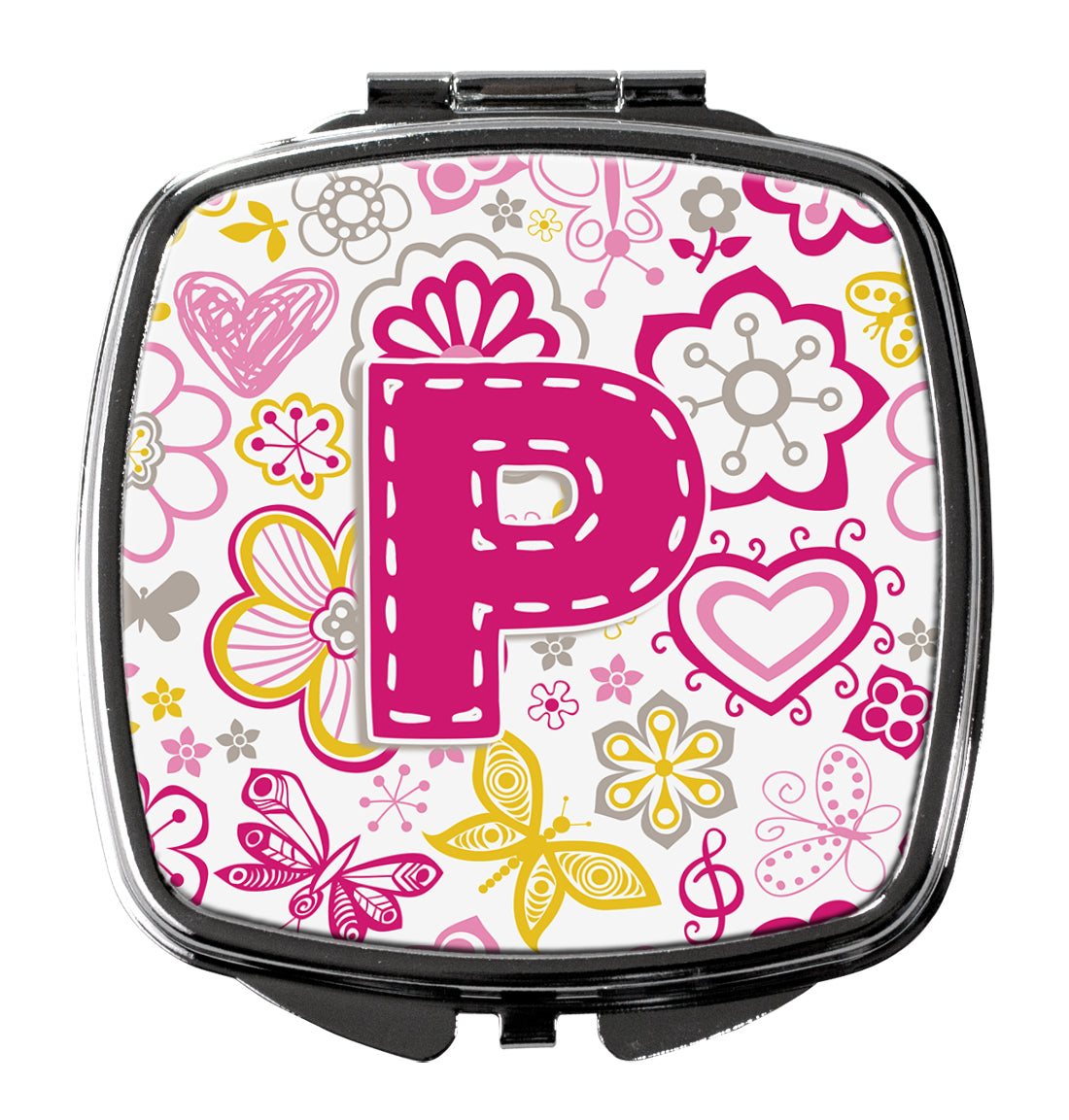 Letter P Flowers and Butterflies Pink Compact Mirror CJ2005-PSCM