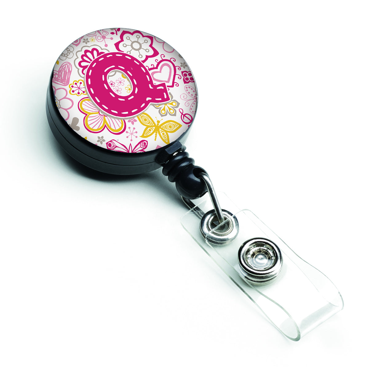 Letter Q Flowers and Butterflies Pink Retractable Badge Reel CJ2005-QBR  the-store.com.