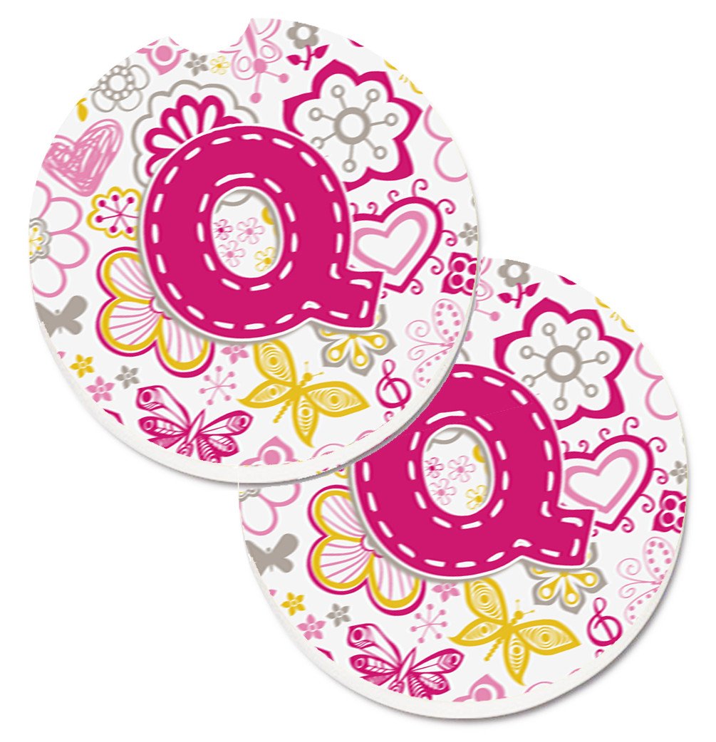 Letter Q Flowers and Butterflies Pink Set of 2 Cup Holder Car Coasters CJ2005-QCARC by Caroline&#39;s Treasures