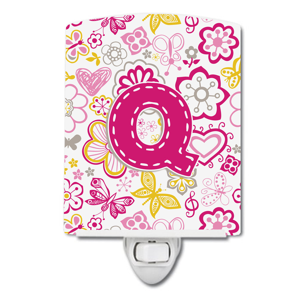 Letter Q Flowers and Butterflies Pink Ceramic Night Light CJ2005-QCNL - the-store.com