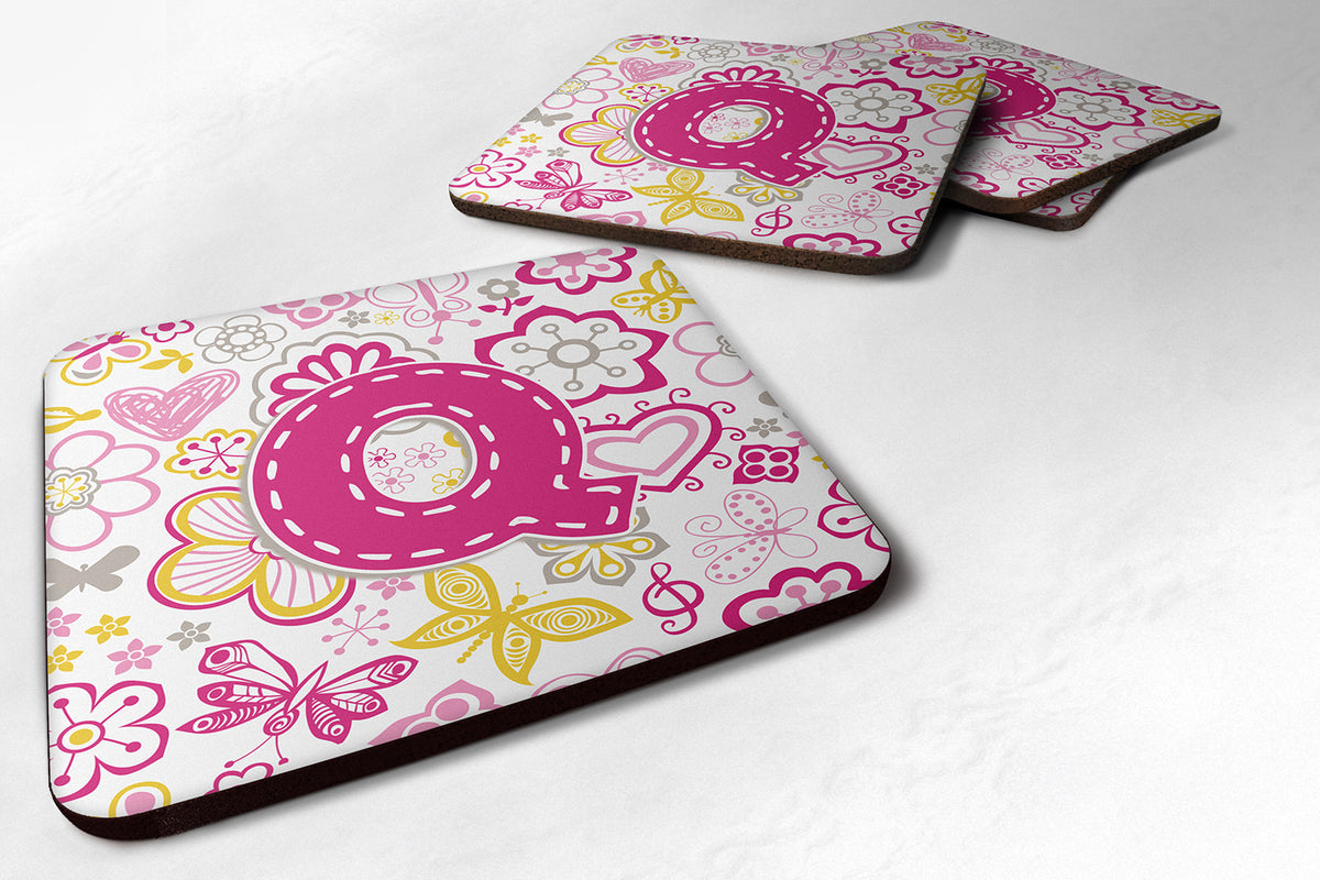 Set of 4 Letter Q Flowers and Butterflies Pink Foam Coasters CJ2005-QFC - the-store.com