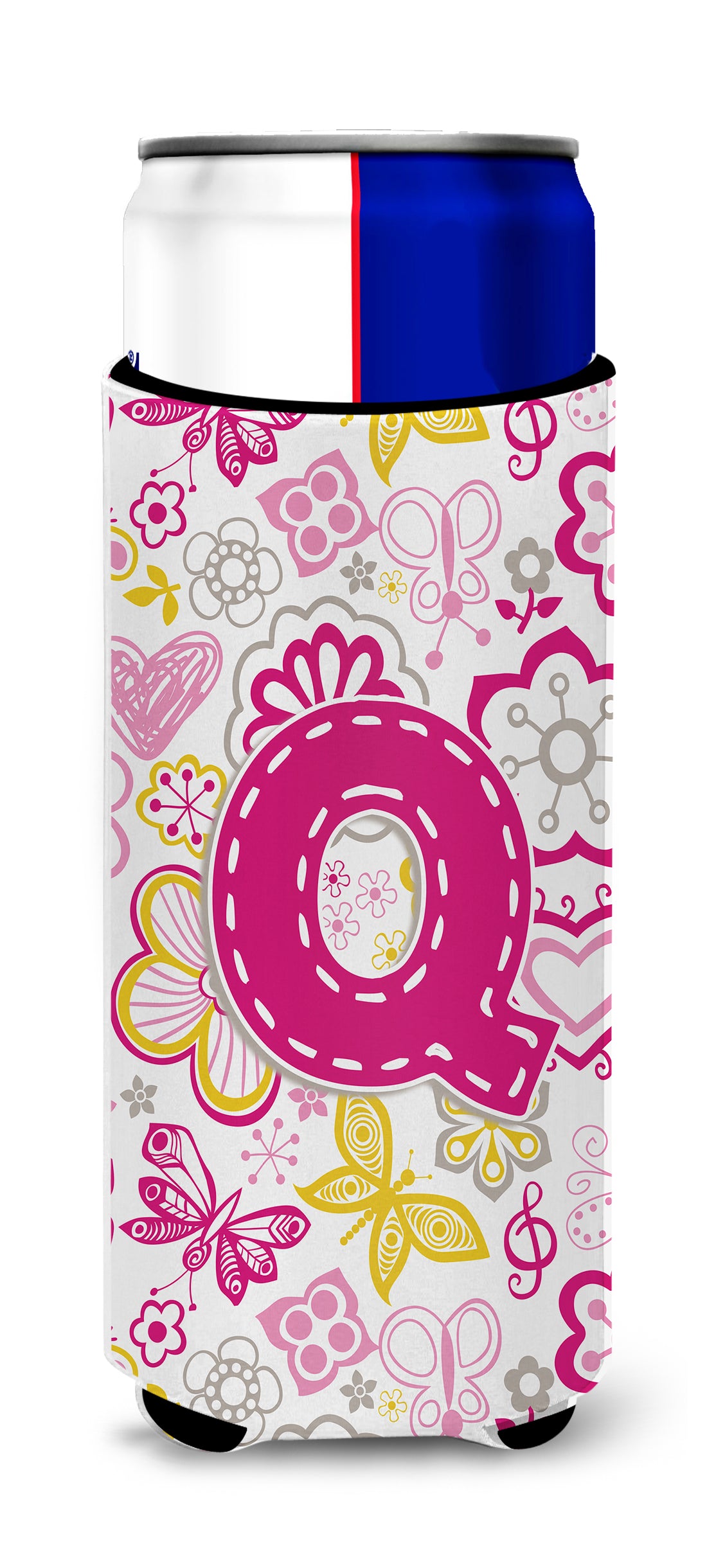 Letter Q Flowers and Butterflies Pink Ultra Beverage Insulators for slim cans CJ2005-QMUK.