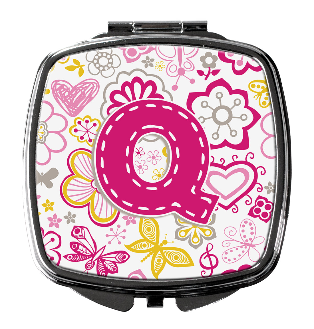 Caroline's Treasures Letter Q Flowers and Butterflies Pink Compact Mirror – Stylish Purse Mirror with Artistic Covers CJ2005-QSCM