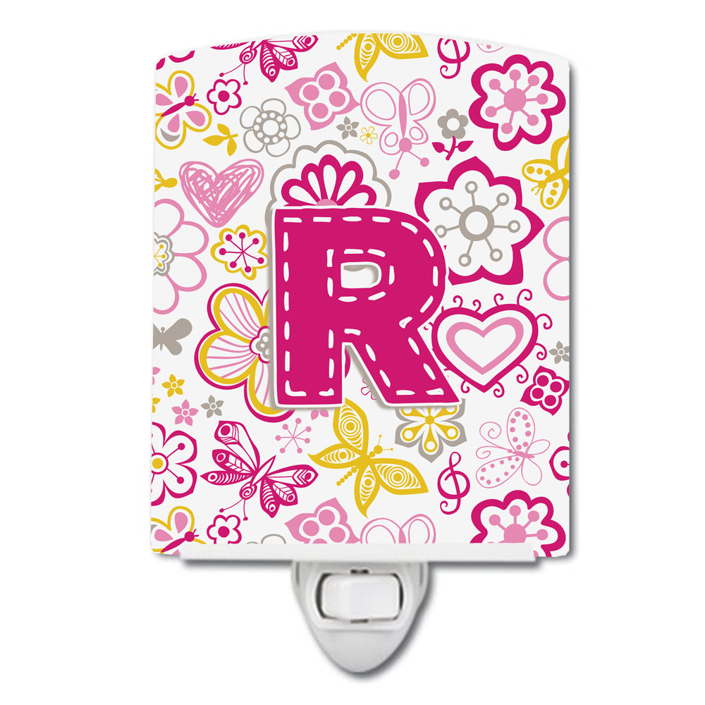 Letter R Flowers and Butterflies Pink Ceramic Night Light CJ2005-RCNL - the-store.com