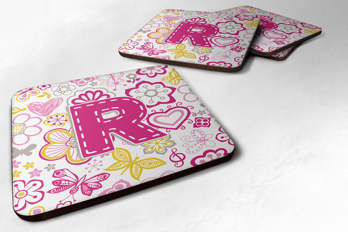 Set of 4 Letter R Flowers and Butterflies Pink Foam Coasters CJ2005-RFC - the-store.com