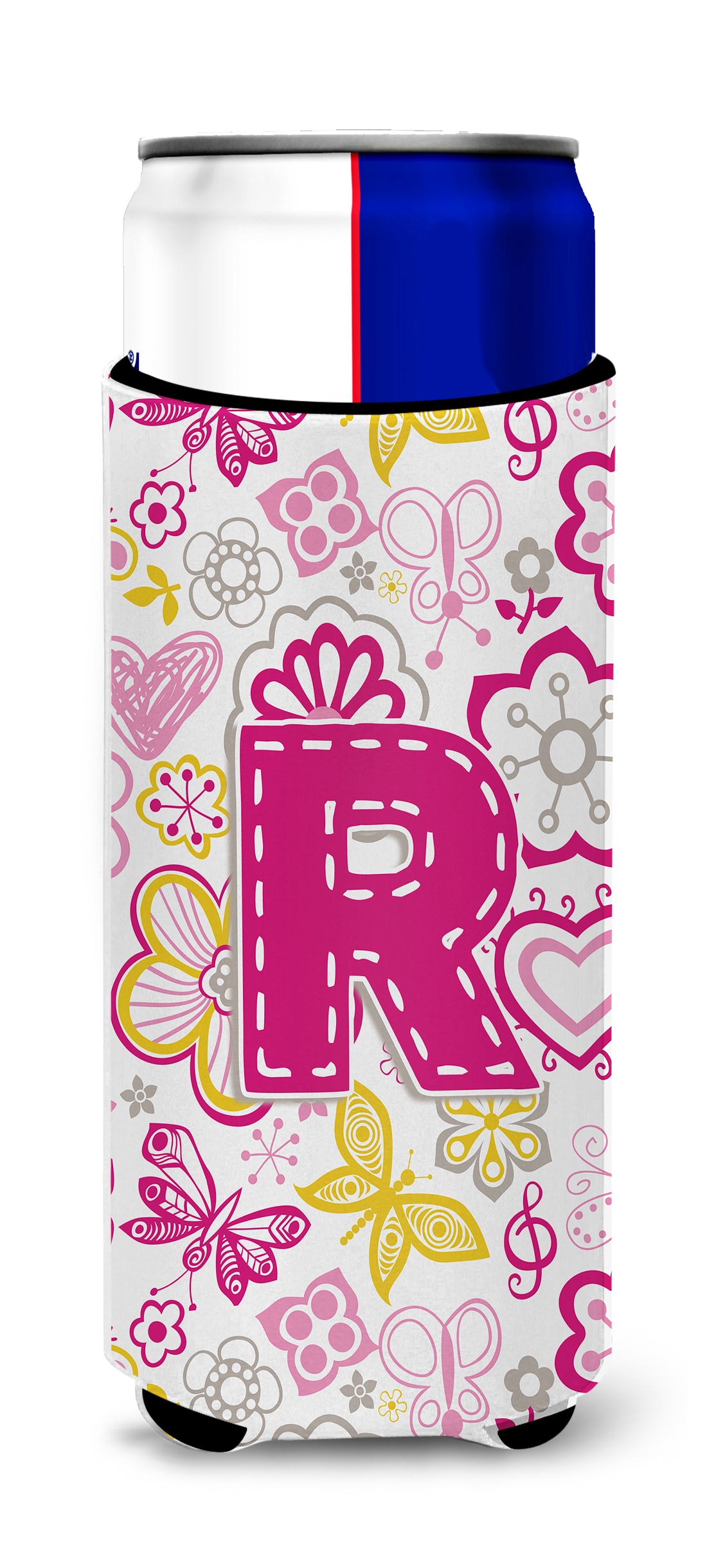 Letter R Flowers and Butterflies Pink Ultra Beverage Insulators for slim cans CJ2005-RMUK