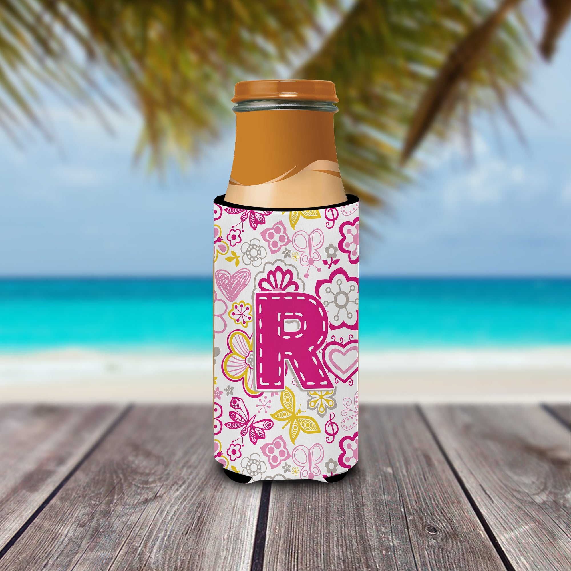 Letter R Flowers and Butterflies Pink Ultra Beverage Insulators for slim cans CJ2005-RMUK