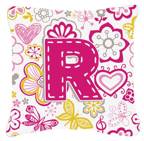 Letter R Flowers and Butterflies Pink Canvas Fabric Decorative Pillow by Caroline&#39;s Treasures