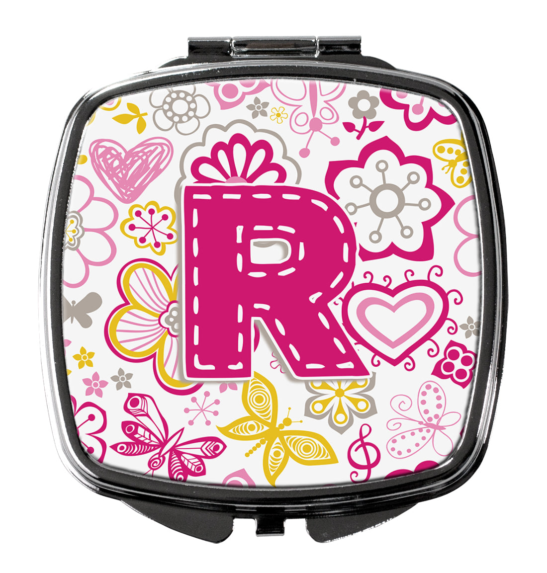 Caroline's Treasures Letter R Flowers and Butterflies Pink Compact Mirror – Stylish Purse Mirror with Artistic Covers CJ2005-RSCM