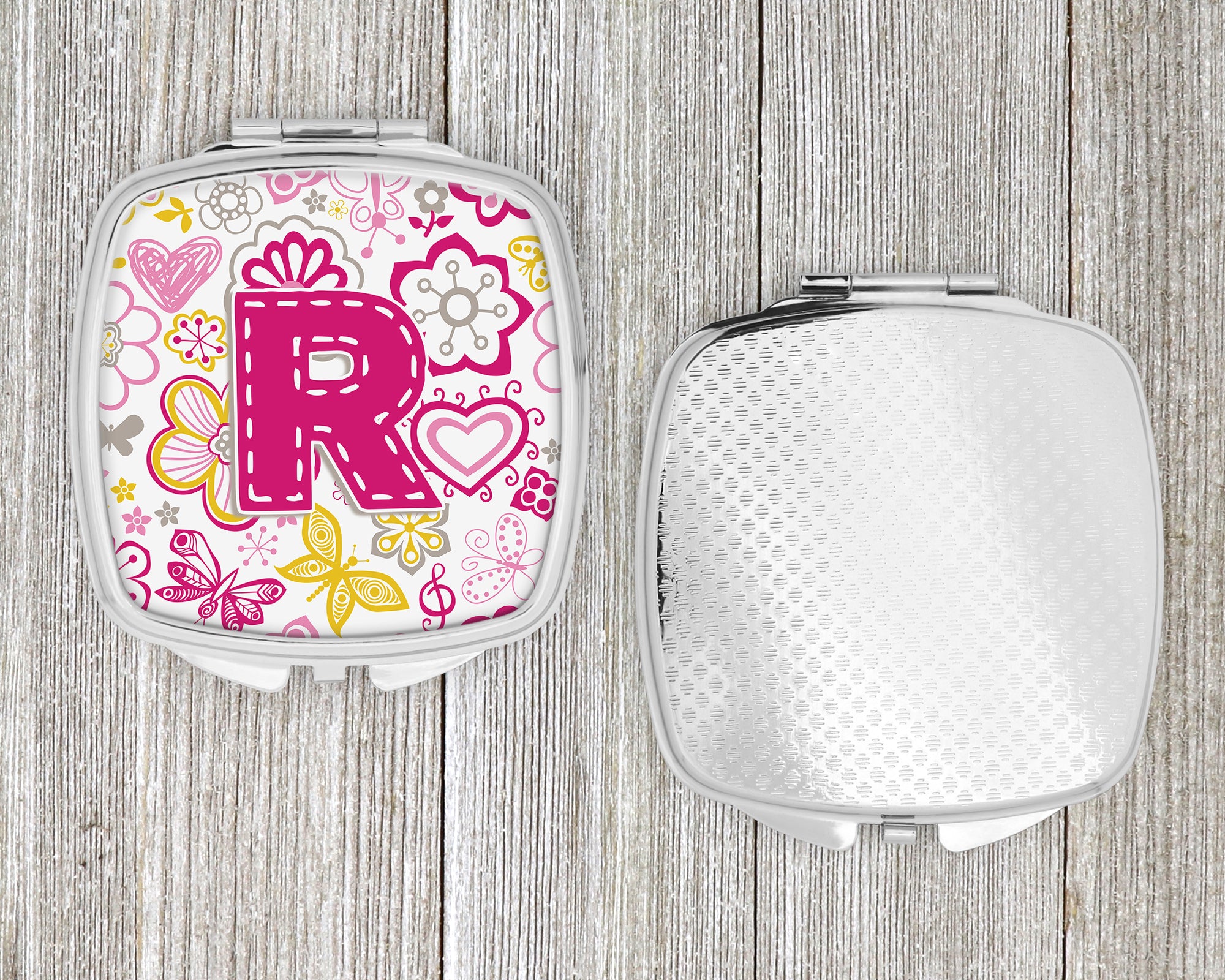 Letter R Flowers and Butterflies Pink Compact Mirror CJ2005-RSCM